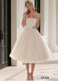 Off-the-Shoulder Tea Length Tulle Wedding Dress with Half Illusion Sleeves