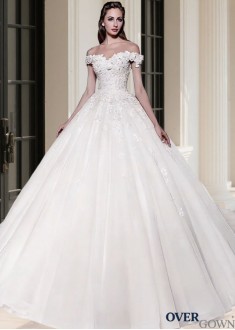 Short Sleeve Royal Train Ball Gown Bridal Gown