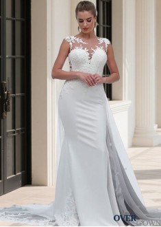 Affordable Jewel Tulle and Satin Wedding Dress with Cap Sleeves