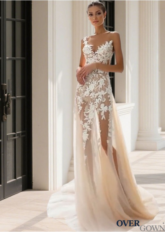 Beach Tulle and Lace Sheath Wedding Dresses with Appliques Beach Tulle and Lace Sheath Wedding Dresses with Appliques