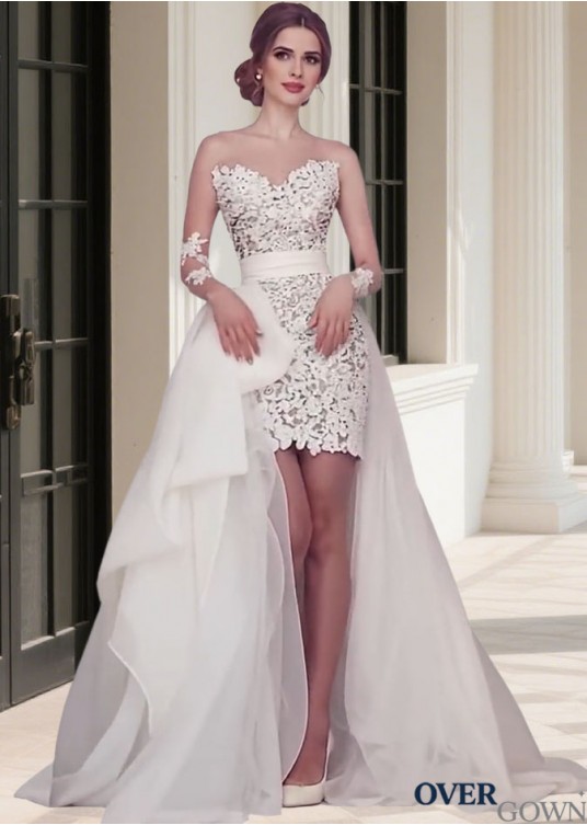 Beach Hi-Lo Jewel Neckline Long Sleeves Sheath Wedding Dress Beach Hi-Lo Jewel Neckline Long Sleeves Sheath Wedding Dress