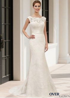 Lace Satin Short Sleeve Column Bridal Gown