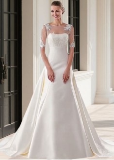 Half Sleeve Column Satin Bridal Gown Chapel Train