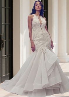 Jewel Neck Tulle and Organza Mermaid Ball Gown Wedding Dress