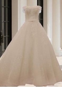 Off The Shoulder Short Sleeve Tulle Ball Gown Wedding Dress With Royal Train