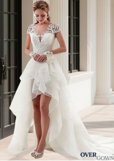 Bateau Neck Short Wedding Gown in Tulle & Satin