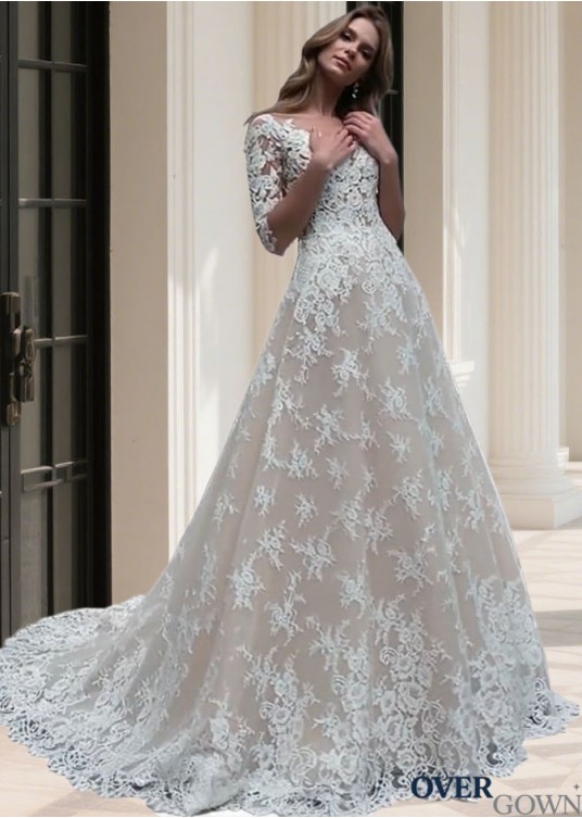 Elegant Tulle and Lace Beach Wedding Dress with Bateau Neck and Illusion Sleeves Elegant Tulle and Lace Beach Wedding Dress with Bateau Neck and Illusion Sleeves