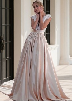 Boho Beach Wedding Dress Tulle Stretch Charmeuse Satin Bateau Neck A-Line Bridal Gown