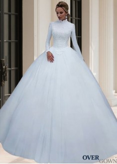 Satin Ball Gown Wedding Dress High Neck Long Sleeves Chapel Train
