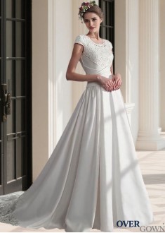 Satin Beach Wedding Dress – Cap Sleeves & Dropped Waist Ball Gown