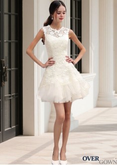 Mini A-Line Beach Bridal Dress Jewel Neckline