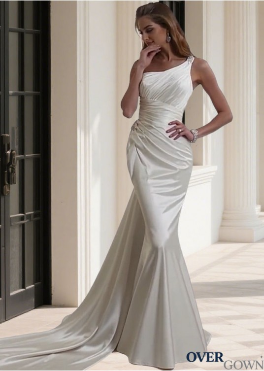 Elegant One Shoulder Stretch Satin Beach Wedding Dress with Sweep Train Elegant One Shoulder Stretch Satin Beach Wedding Dress with Sweep Train