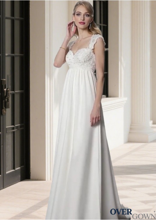 Elegant Lace & Chiffon Empire Waist Beach Wedding Dress with Portrait Neckline Elegant Lace & Chiffon Empire Waist Beach Wedding Dress with Portrait Neckline