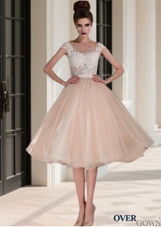 Tea-Length Tulle Cap Sleeve Beach Wedding Gown