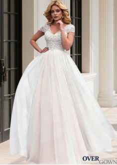 A-Line Beach Wedding Gown V-Neck Sweep Train Short Sleeves