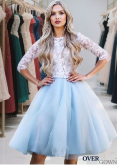 Beach Knee-Length A-Line Prom Dress with Half Sleeves and Jewel Neckline