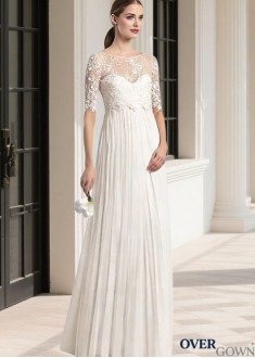 Raised Waist Full Length Bateau Neck Lace Tulle A-Line Bridal Gown - Half Illusion Sleeve Beach Wedding