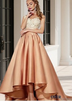 Sleeveless Hi-Lo Ball Gown with Bateau Neckline