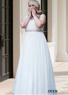 Short Sleeve Scoop Neck Plus Size Wedding Gown - Full Length