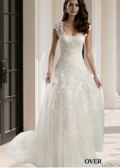 Cap Sleeve Chapel Train Bridal Gown