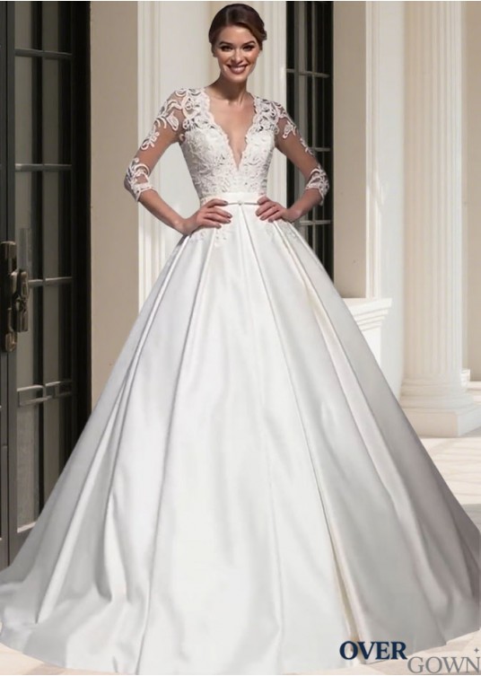 V Neck 3/4 Sleeves Tulle & Satin A-Line Wedding Dress – Bridal Gowns V Neck 3/4 Sleeves Tulle & Satin A-Line Wedding Dress – Bridal Gowns