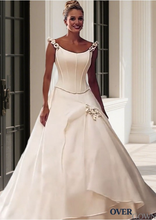 Basque Waist Full Length Satin Organza Plus Size A-Line Bridal Gown - Off-the-Shoulder Sleeveless Basque Waist Full Length Satin Organza Plus Size A-Line Bridal Gown - Off-the-Shoulder Sleeveless