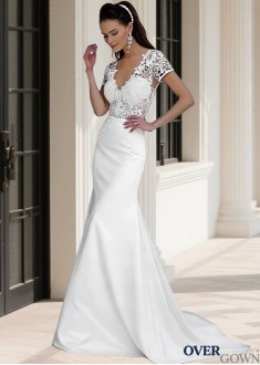 Lace Satin Mermaid Beach Wedding Dress with Illusion Short Sleeves