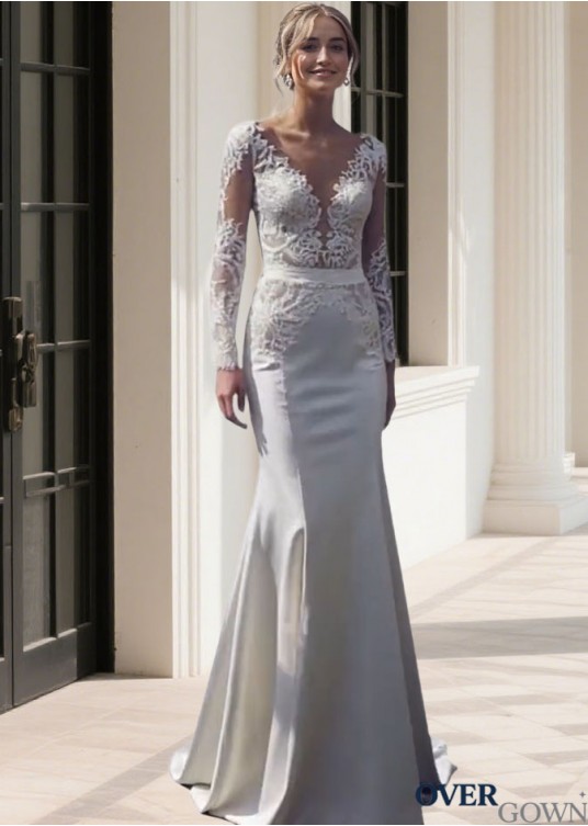 V Neck Mermaid Bridal Gown with Long Illusion Sleeves V Neck Mermaid Bridal Gown with Long Illusion Sleeves