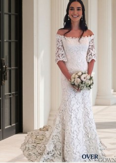 Off-The-Shoulder Women Mermaid Wedding Dress with 1/2 Lace Sleeves