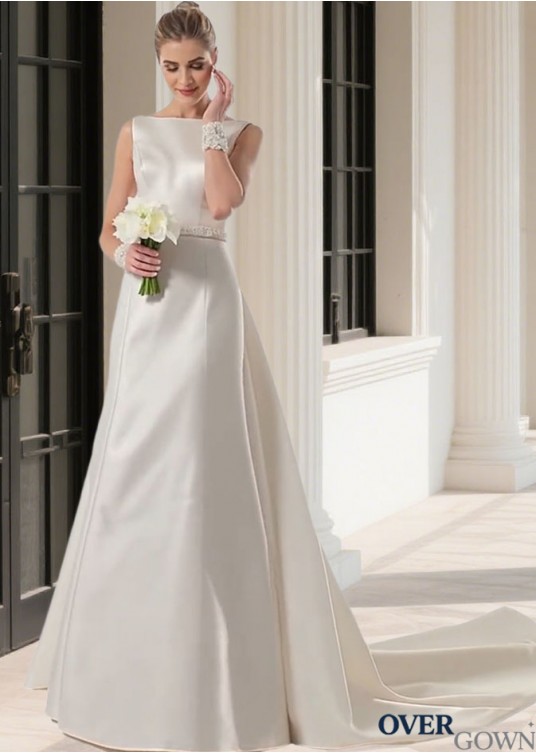 Elegant Satin Bateau Neck Sleeveless Sheath Wedding Dress with Chapel Train Elegant Satin Bateau Neck Sleeveless Sheath Wedding Dress with Chapel Train