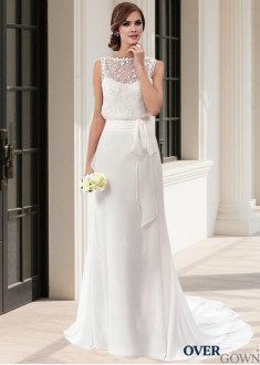 Chapel Train Sheath Beach Wedding Dress with Jewel Neckline