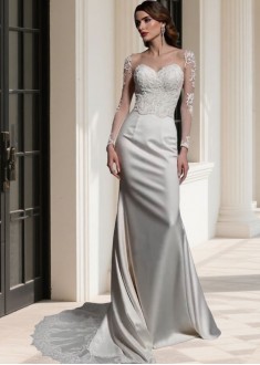 Elegant Satin Bateau Neck Long Sleeve Sweep Train Wedding Dress