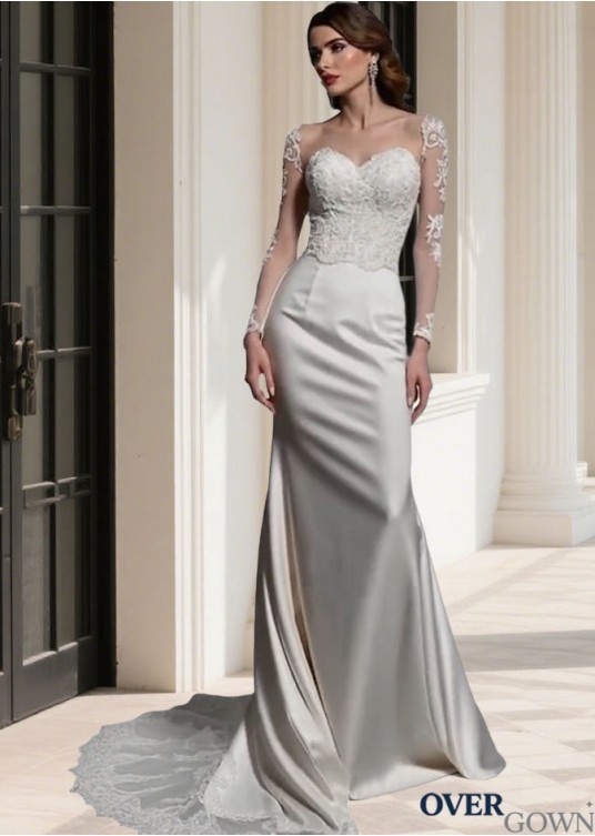 Elegant Satin Bateau Neck Long Sleeve Sweep Train Wedding Dress Elegant Satin Bateau Neck Long Sleeve Sweep Train Wedding Dress