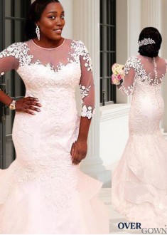 Jewel Neck Illusion Sleeve Plus Size Bridal Gown