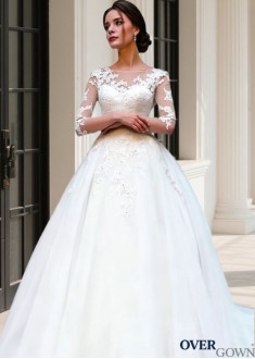 3/4 Illusion Sleeve Cathedral Train Bridal Gown Tulle