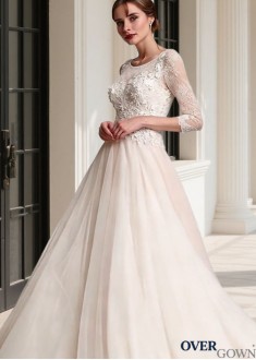 3/4 Sleeve A-Line Beach Bridal Gown Tulle Sweep Train
