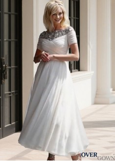 Chiffon Scoop Neck A-Line Wedding Dress – Short Sleeve Ankle Length Bridal Gown
