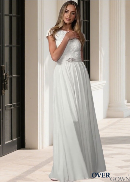Elegant Lace and Chiffon A-Line Wedding Dress with Jewel Neckline Elegant Lace and Chiffon A-Line Wedding Dress with Jewel Neckline