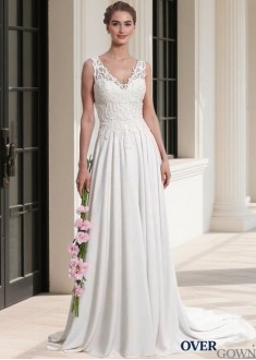 Chiffon V Neck Dropped Waist A-Line Wedding Dress with Lace Appliques