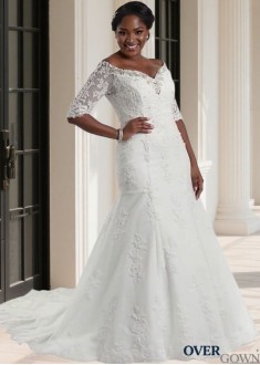 Off The Shoulder Plus Size Wedding Dress with 3/4 Illusion Sleeves and A-Line Silhouette