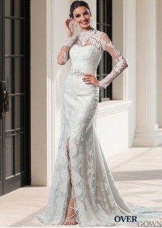 Lace High Neck Long Sleeve Sheath Wedding Dress – Bridal Gown 