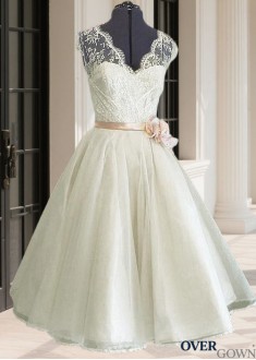 Tea-Length Short Wedding Dress with V-Neck and Natural Waist