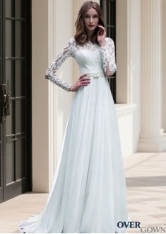 Long Sleeve Lace Chiffon Bridal Gown Sweep Train