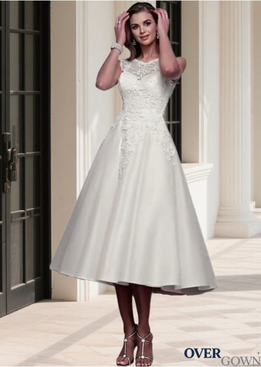 Tulle Jewel Neckline Tea Length Short Wedding Dress with Cap Sleeves Tulle Jewel Neckline Tea Length Short Wedding Dress with Cap Sleeves