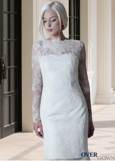 Mini Sheath Illusion Sleeve Tulle Bridal Dress