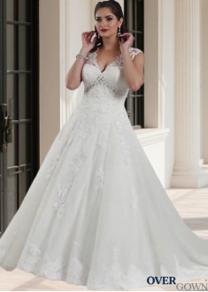 Elegant Plus Size V-Neck A-Line Wedding Dress with Cap Sleeves and Chapel Train