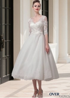 Elegant Tea-Length Tulle V-Neck Short Wedding Dress with Illusion Sleeves