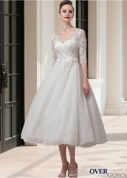 Elegant Tea-Length Tulle V-Neck Short Wedding Dress with Illusion Sleeves Elegant Tea-Length Tulle V-Neck Short Wedding Dress with Illusion Sleeves