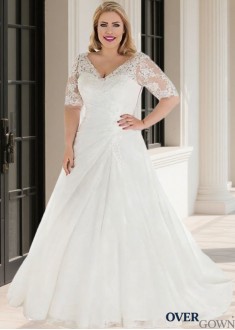 Half Sleeve Plus Size Chapel Train Bridal Gown
