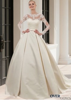 Elegant Long Sleeve Illusion Bateau Neck Tulle Satin Ball Gown Wedding Dress